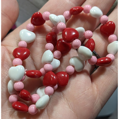 Red White & Pink Heart Beaded Necklace Valentines Day Inspired