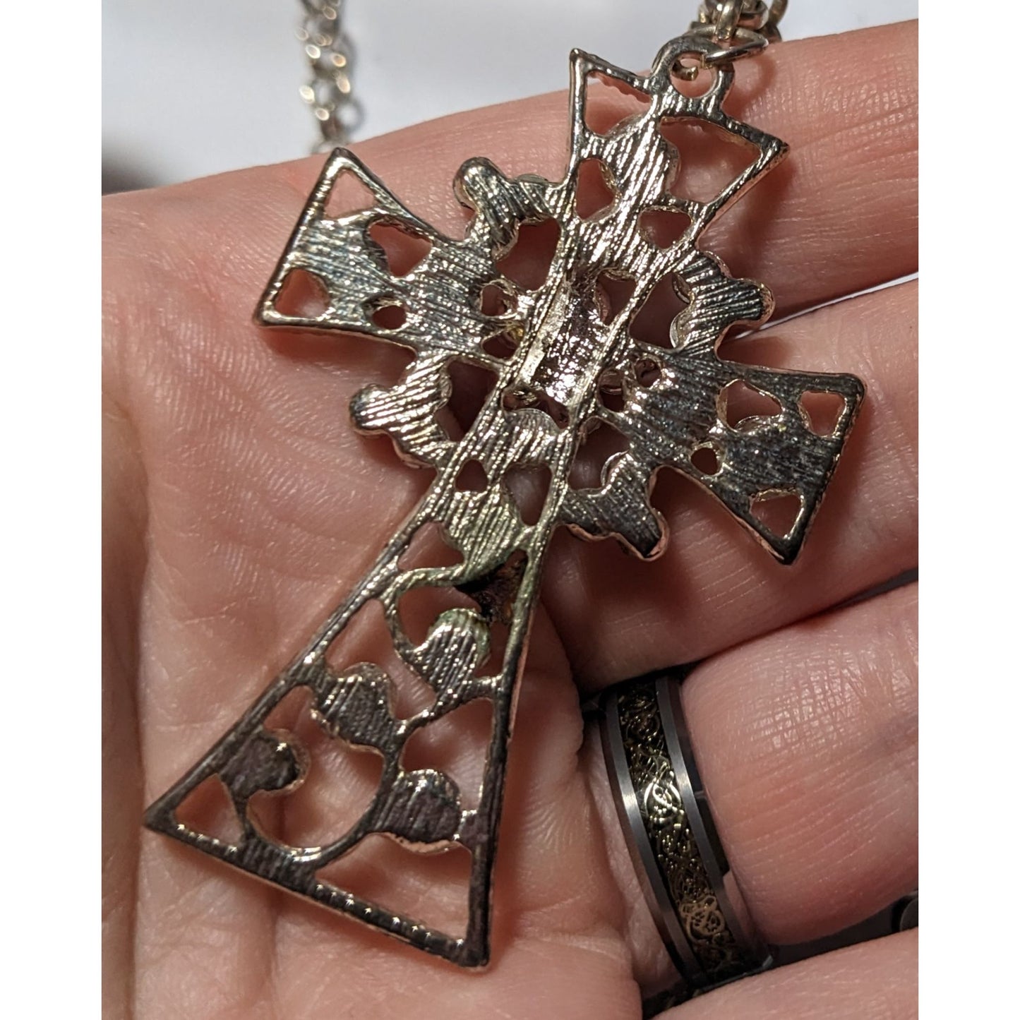 Vintage Glam Goth Black And Silver Tone Rhinestone Cross Necklace