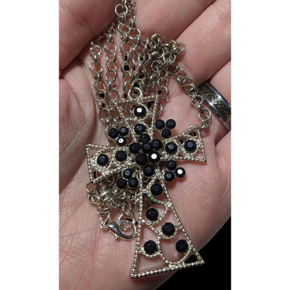 Vintage Glam Goth Black And Silver Tone Rhinestone Cross Necklace