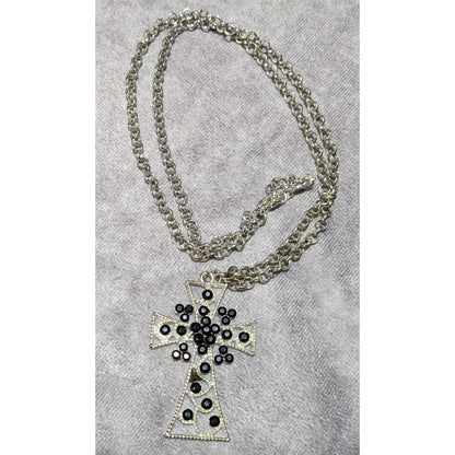 Vintage Glam Goth Black And Silver Tone Rhinestone Cross Necklace