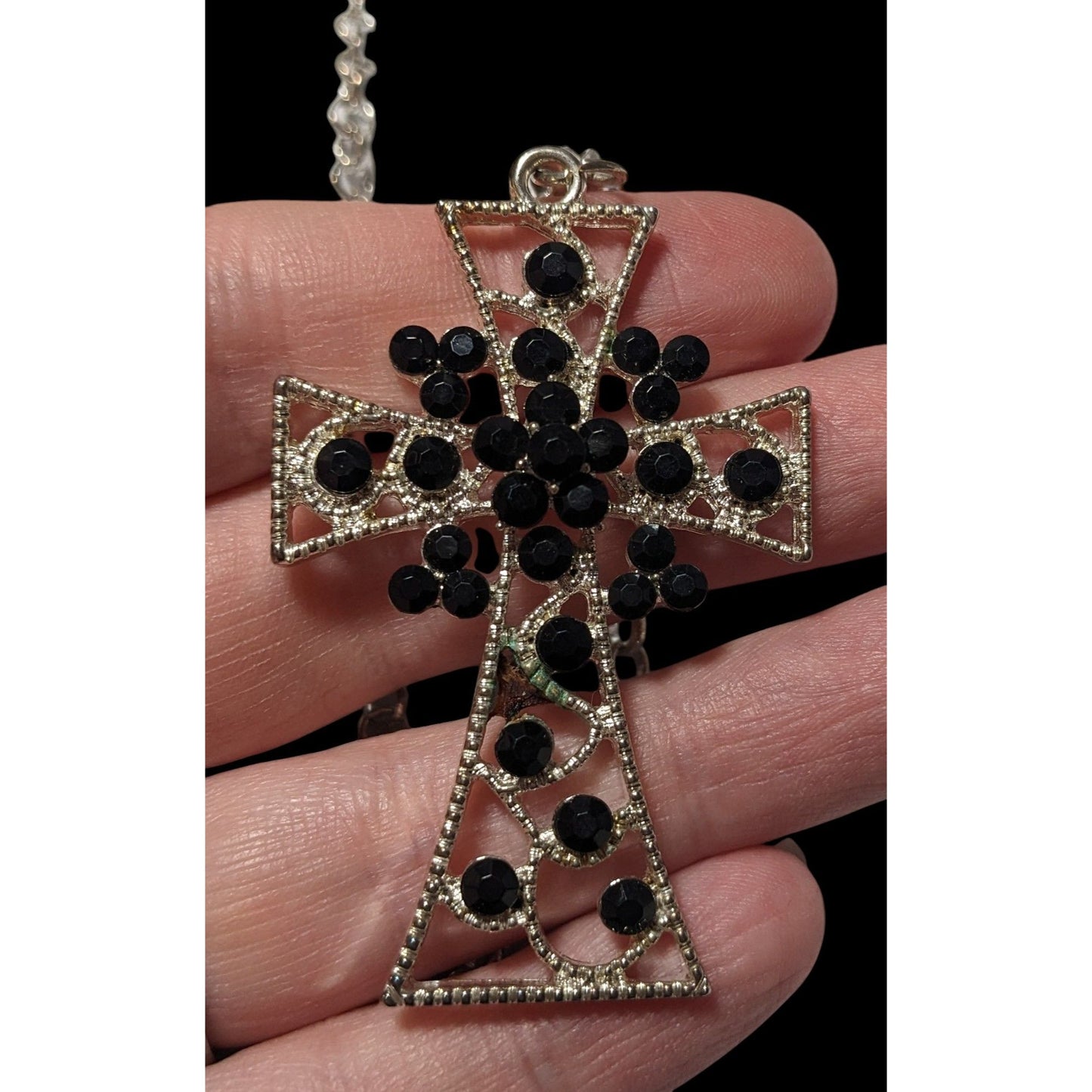 Vintage Glam Goth Black And Silver Tone Rhinestone Cross Necklace