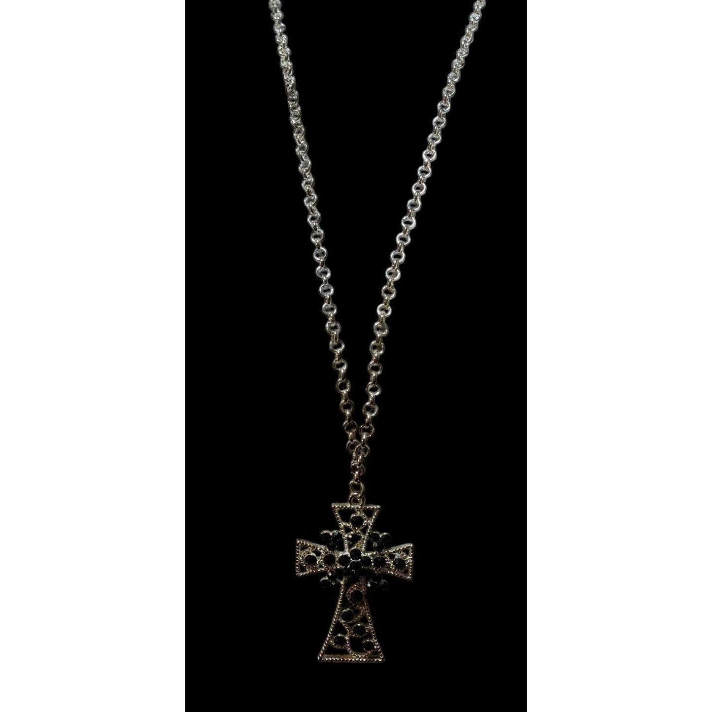 Vintage Glam Goth Black And Silver Tone Rhinestone Cross Necklace