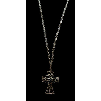 Vintage Glam Goth Black And Silver Tone Rhinestone Cross Necklace