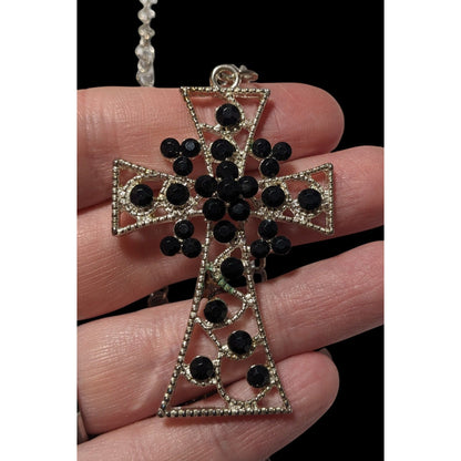 Vintage Glam Goth Black And Silver Tone Rhinestone Cross Necklace