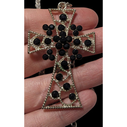 Vintage Glam Goth Black And Silver Tone Rhinestone Cross Necklace