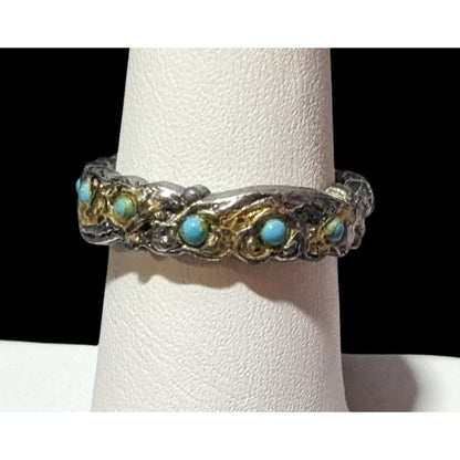 Vintage Whimsical Silver Tone Ring With Tiny Turquoise Accents