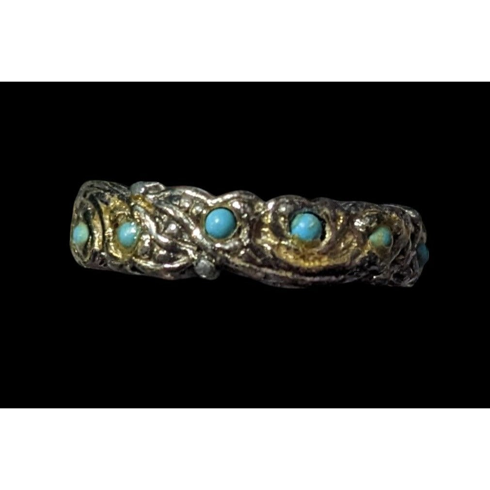 Vintage Whimsical Silver Tone Ring With Tiny Turquoise Accents