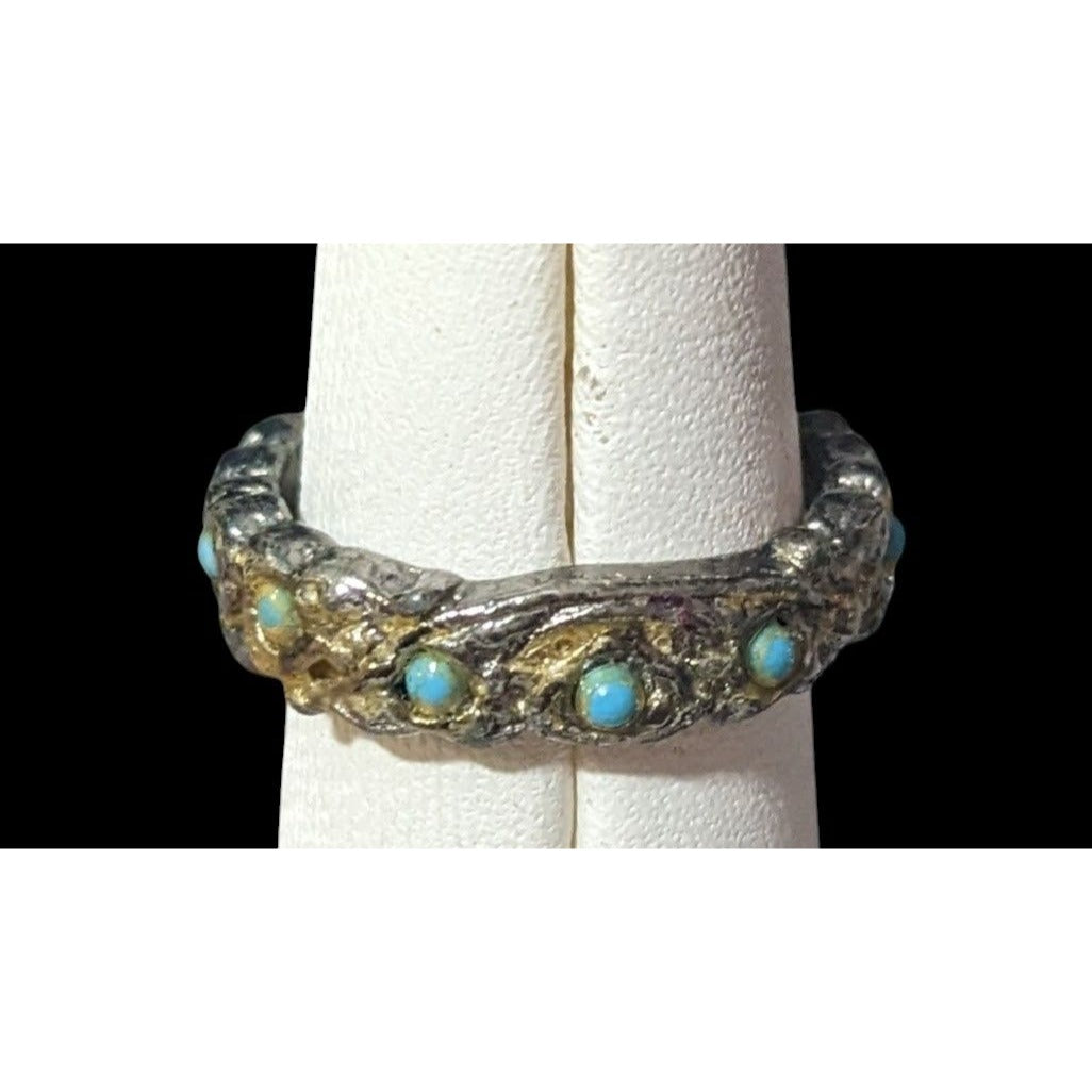 Vintage Whimsical Silver Tone Ring With Tiny Turquoise Accents