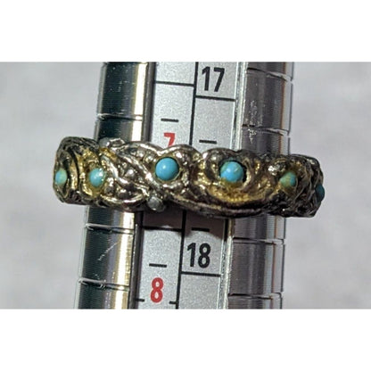 Vintage Whimsical Silver Tone Ring With Tiny Turquoise Accents