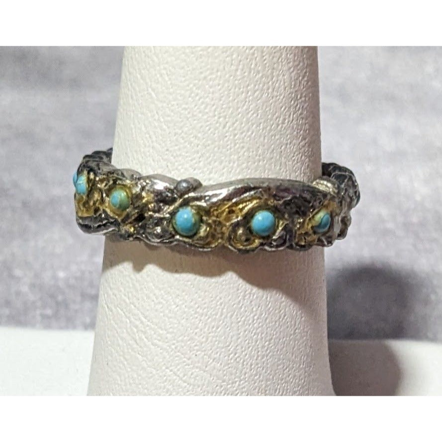 Vintage Whimsical Silver Tone Ring With Tiny Turquoise Accents