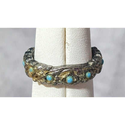 Vintage Whimsical Silver Tone Ring With Tiny Turquoise Accents