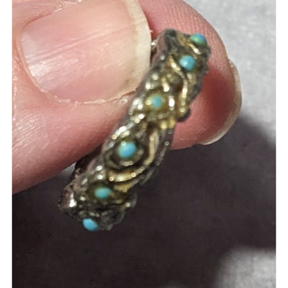 Vintage Whimsical Silver Tone Ring With Tiny Turquoise Accents