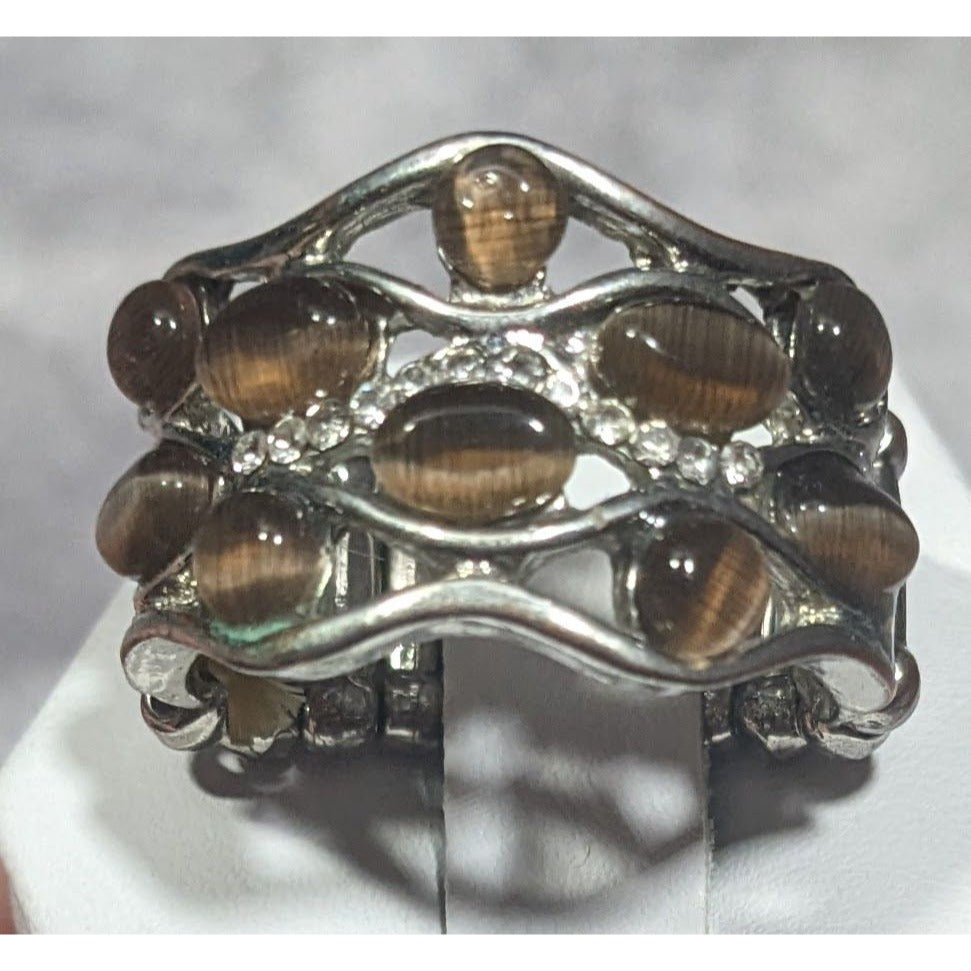 Brown Cateye Gemmed Rhinestone Accent Silver Tone Stretch Ring Size 7