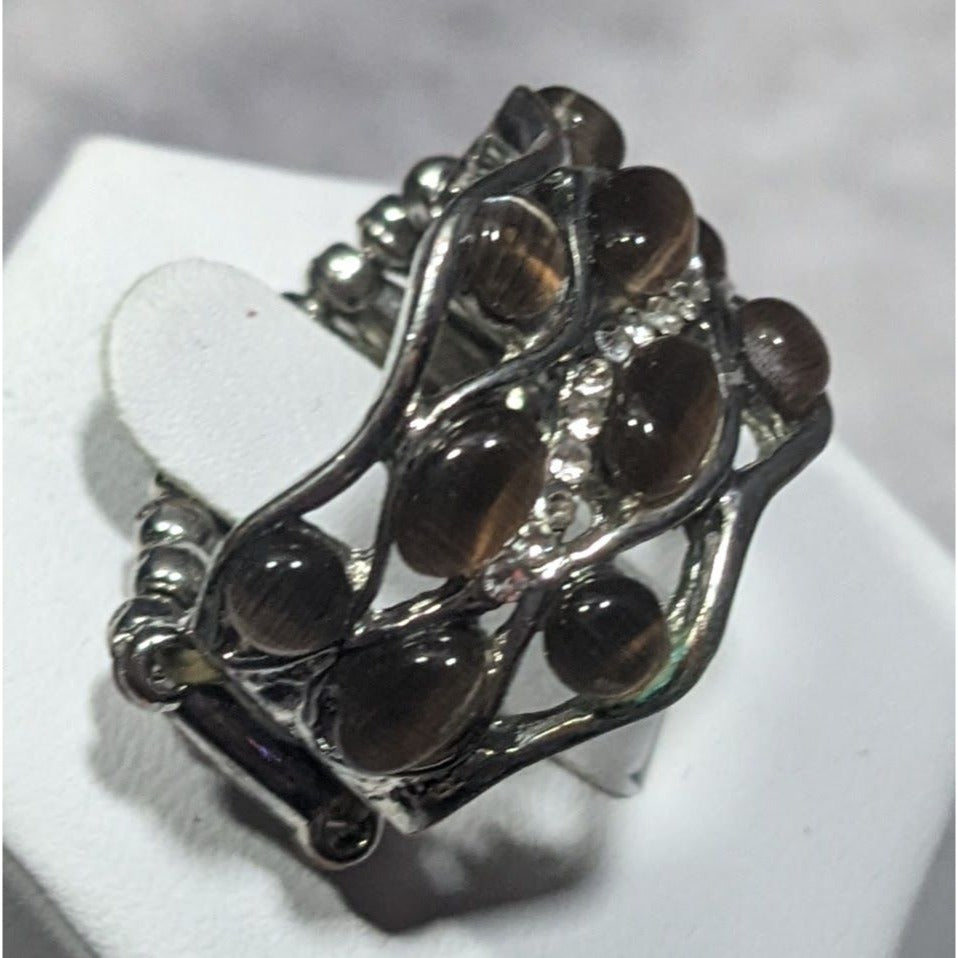 Brown Cateye Gemmed Rhinestone Accent Silver Tone Stretch Ring Size 7