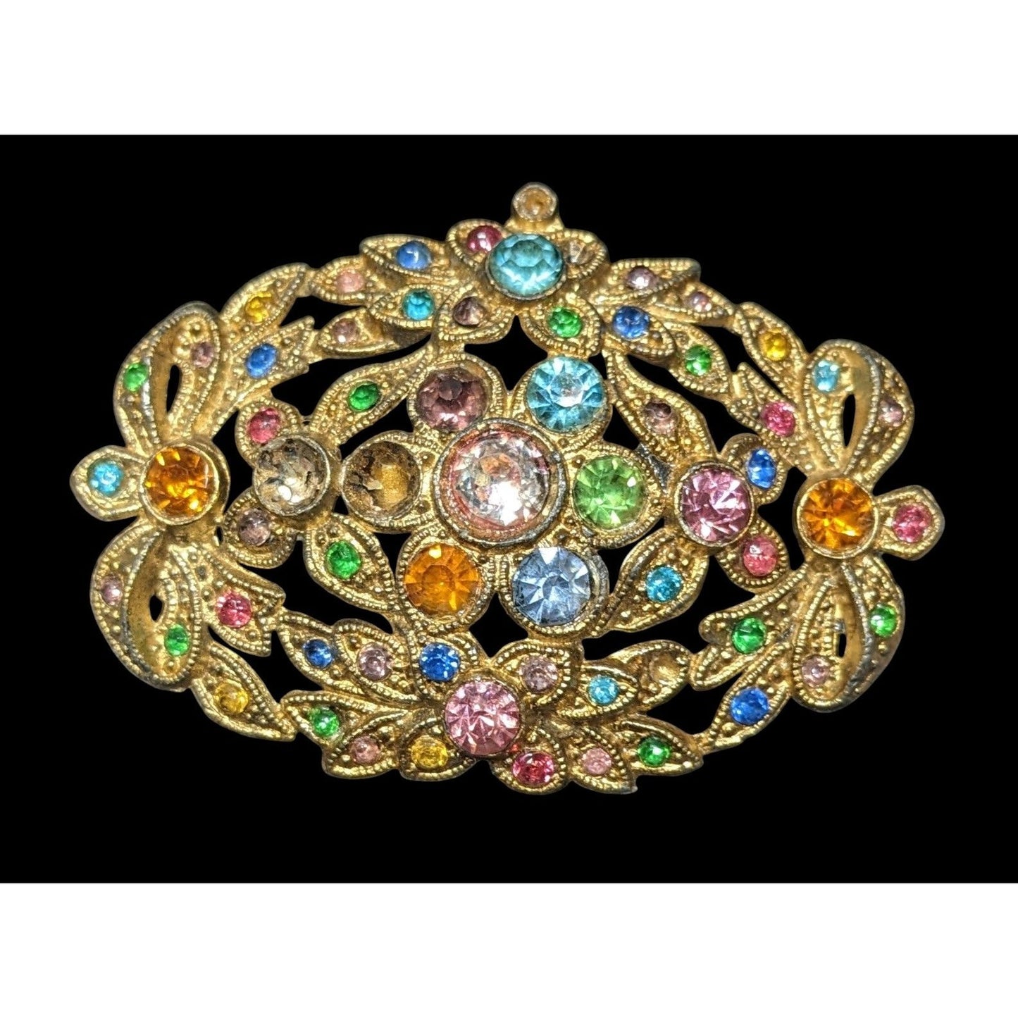 Vintage Floral Brooch Gold Tone With Rainbow Rhinestones
