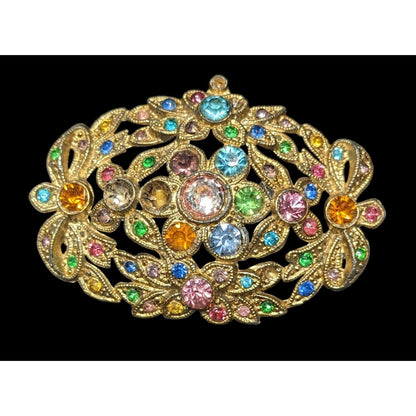 Vintage Floral Brooch Gold Tone With Rainbow Rhinestones