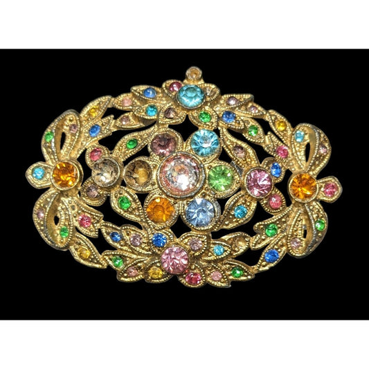 Vintage Floral Brooch Gold Tone With Rainbow Rhinestones