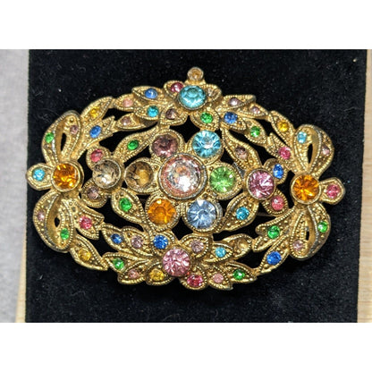 Vintage Floral Brooch Gold Tone With Rainbow Rhinestones