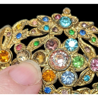 Vintage Floral Brooch Gold Tone With Rainbow Rhinestones