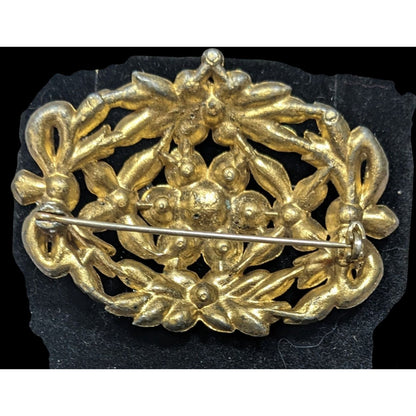 Vintage Floral Brooch Gold Tone With Rainbow Rhinestones