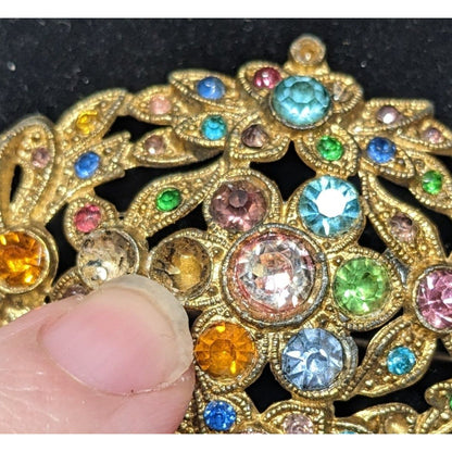 Vintage Floral Brooch Gold Tone With Rainbow Rhinestones