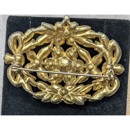 Vintage Floral Brooch Gold Tone With Rainbow Rhinestones