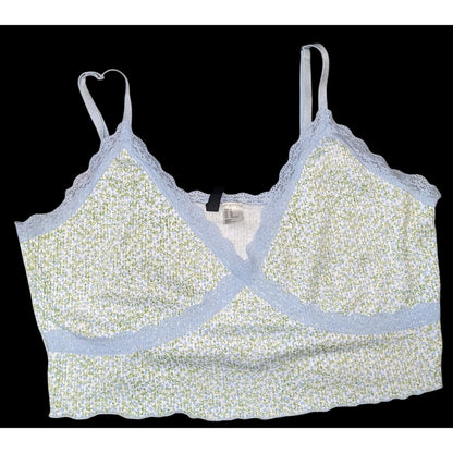 Divided By H&M Floral Ribbed Lace-Trim Crop Top With Adjustable Straps & V-Neck Blue/Green XL 16" Shoulder To Hem