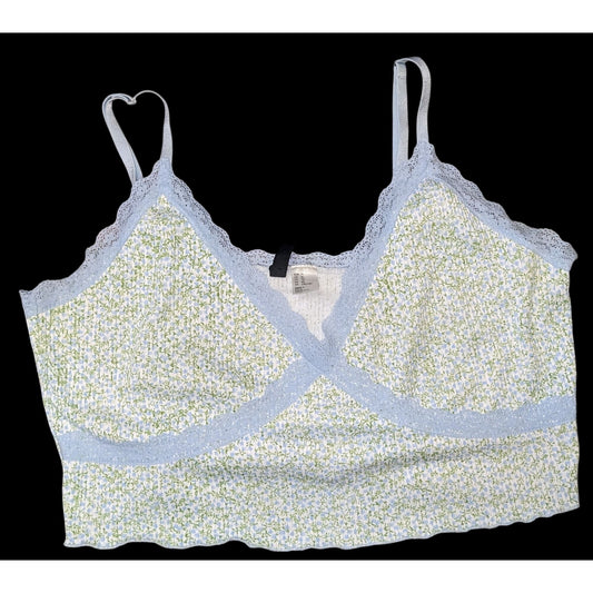 Divided By H&M Floral Ribbed Lace-Trim Crop Top With Adjustable Straps & V-Neck Blue/Green XL 16" Shoulder To Hem