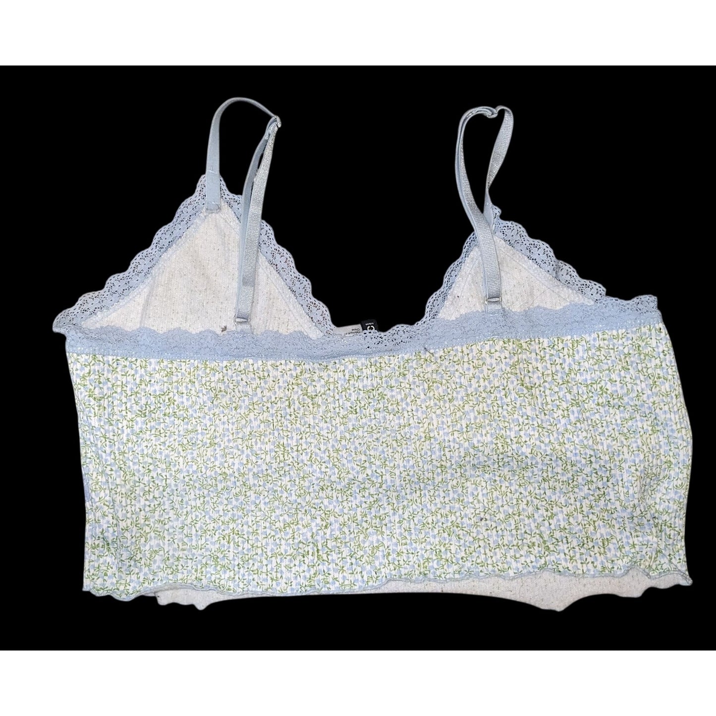 Divided By H&M Floral Ribbed Lace-Trim Crop Top With Adjustable Straps & V-Neck Blue/Green XL 16" Shoulder To Hem