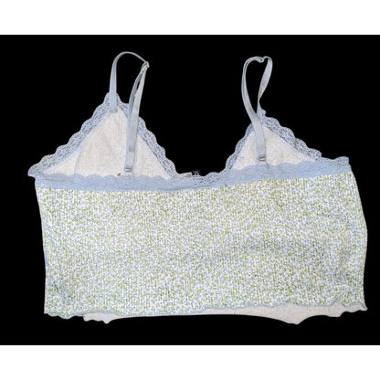 Divided By H&M Floral Ribbed Lace-Trim Crop Top With Adjustable Straps & V-Neck Blue/Green XL 16" Shoulder To Hem