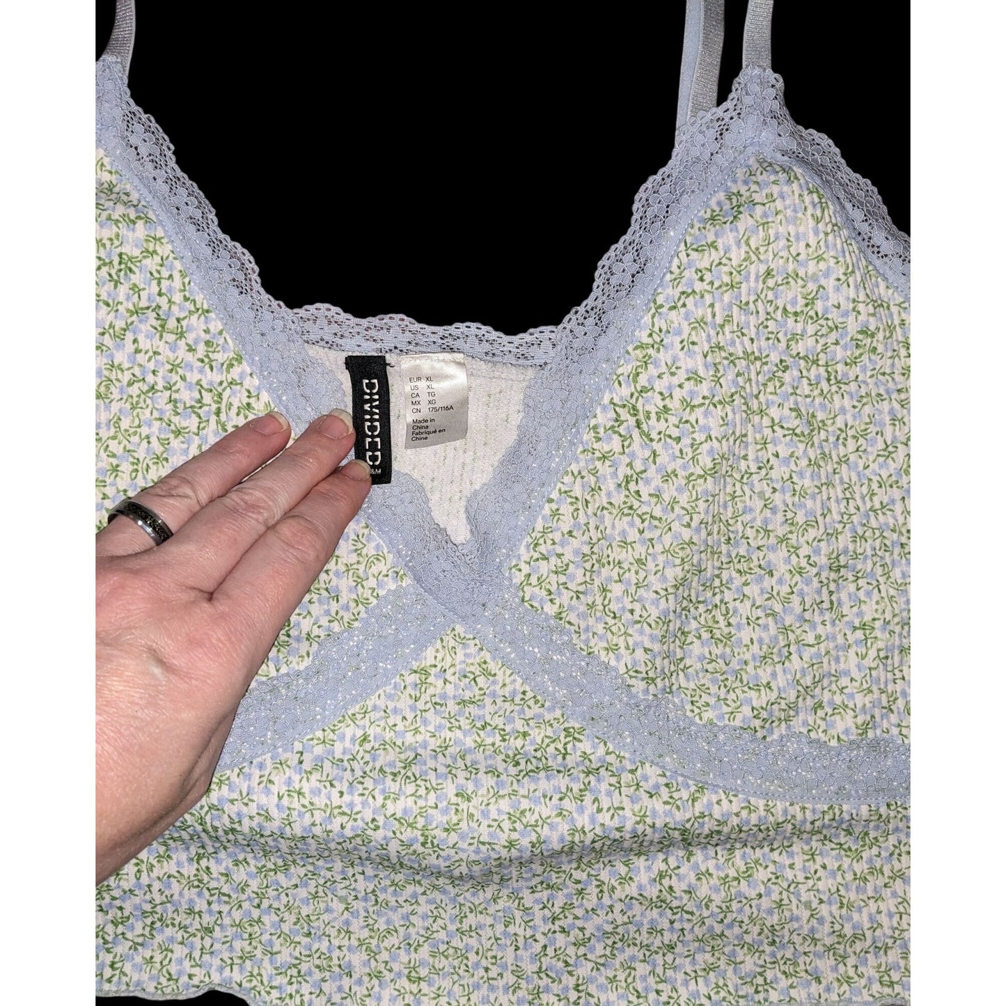 Divided By H&M Floral Ribbed Lace-Trim Crop Top With Adjustable Straps & V-Neck Blue/Green XL 16" Shoulder To Hem
