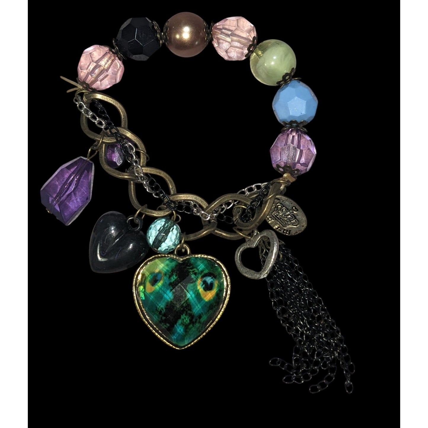 Boho Whimsy Tutti Frutti Peacock Heart Charm Beaded Bracelet