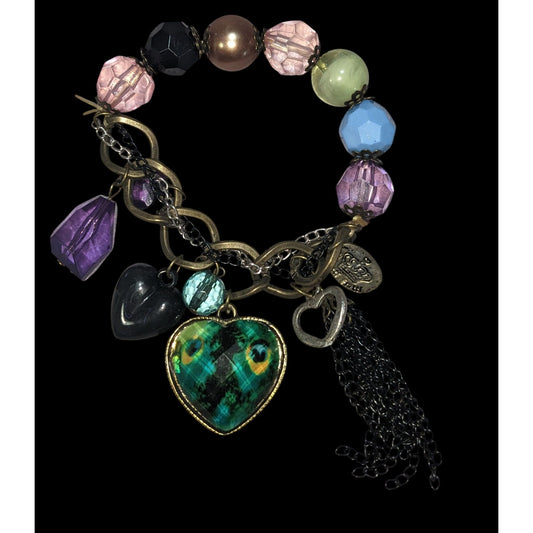 Boho Whimsy Tutti Frutti Peacock Heart Charm Beaded Bracelet