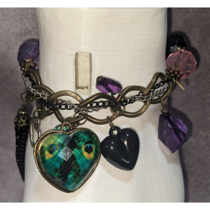 Boho Whimsy Tutti Frutti Peacock Heart Charm Beaded Bracelet