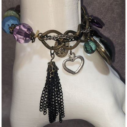 Boho Whimsy Tutti Frutti Peacock Heart Charm Beaded Bracelet