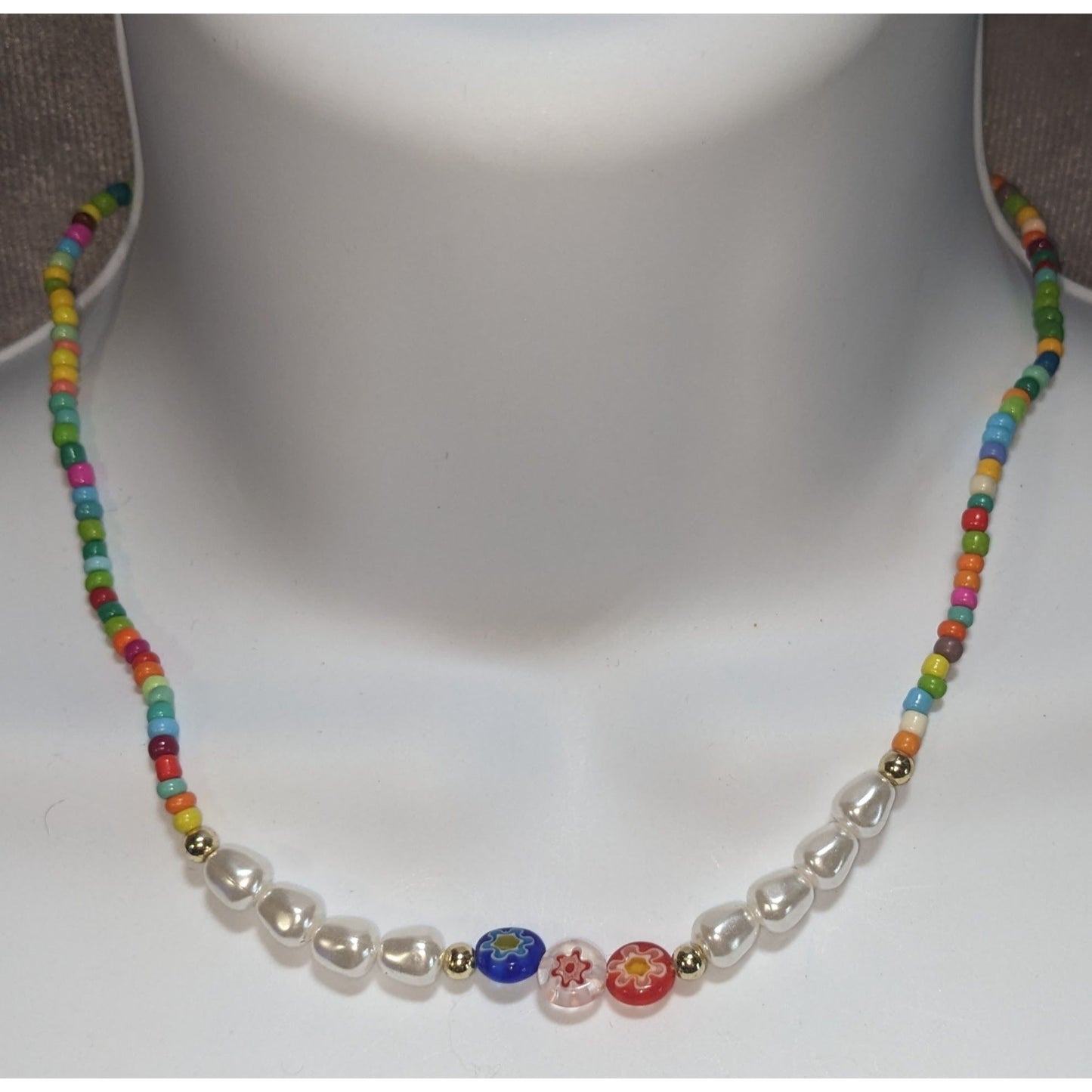 Coquette Kidcore Y2K Rainbow Seed Bead Necklace Faux Pearl Millefiori Flower Choker
