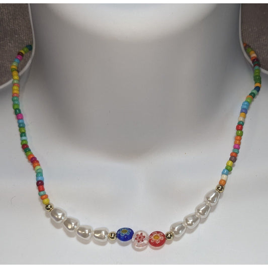 Coquette Kidcore Y2K Rainbow Seed Bead Necklace Faux Pearl Millefiori Flower Choker