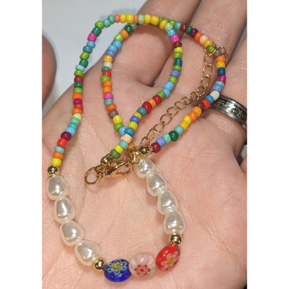 Coquette Kidcore Y2K Rainbow Seed Bead Necklace Faux Pearl Millefiori Flower Choker