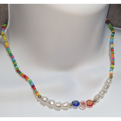 Coquette Kidcore Y2K Rainbow Seed Bead Necklace Faux Pearl Millefiori Flower Choker