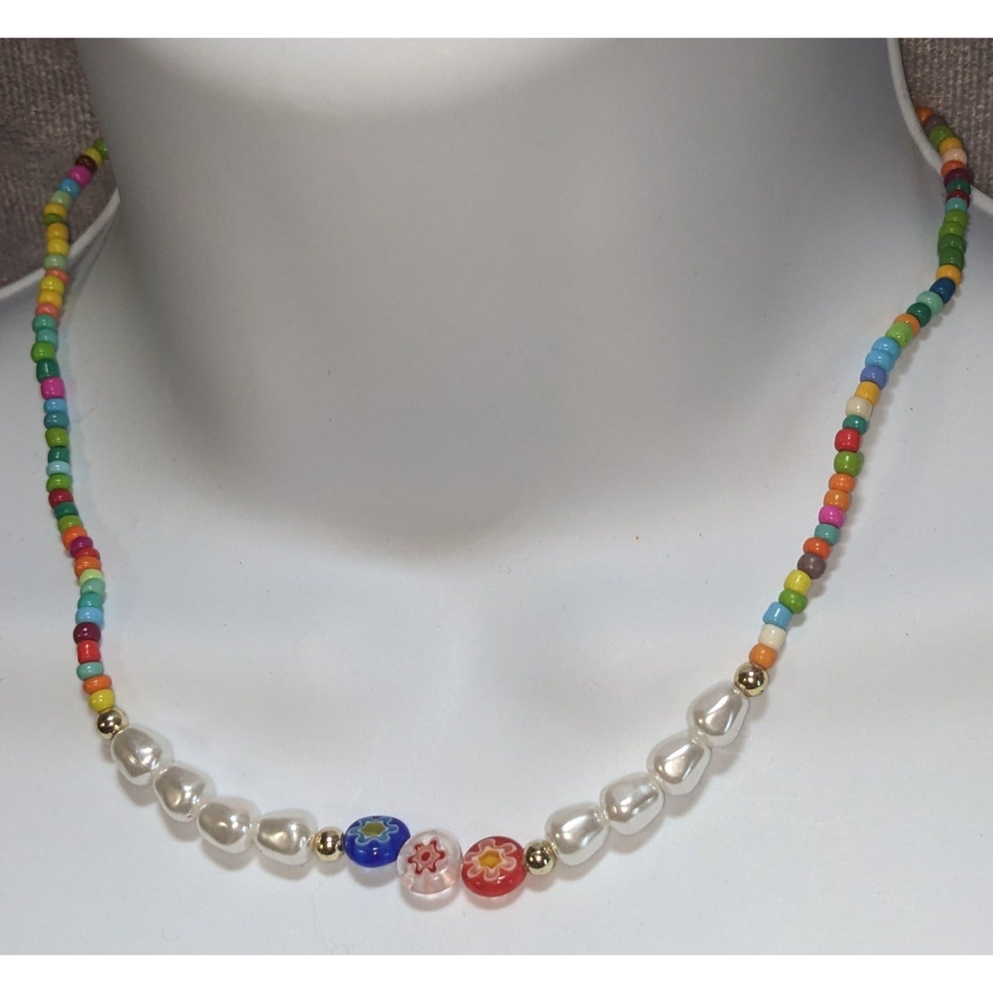 Coquette Kidcore Y2K Rainbow Seed Bead Necklace Faux Pearl Millefiori Flower Choker