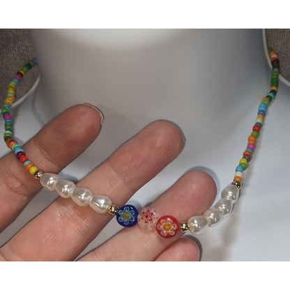 Coquette Kidcore Y2K Rainbow Seed Bead Necklace Faux Pearl Millefiori Flower Choker
