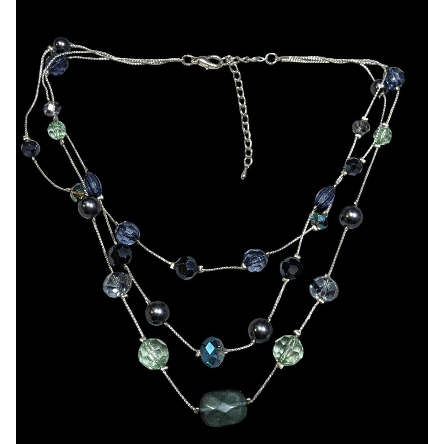 Multilayer Blue And Silver Tone Layered Glass And Faux Pearl Station Necklace