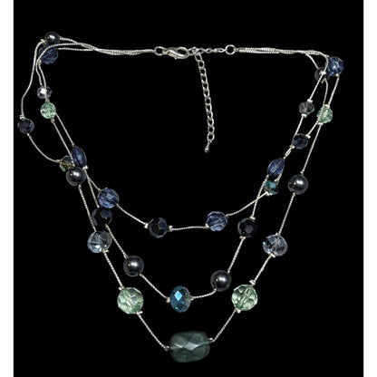 Multilayer Blue And Silver Tone Layered Glass And Faux Pearl Station Necklace