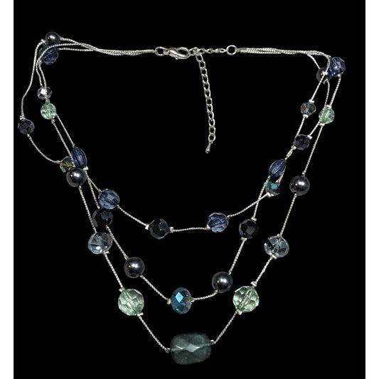 Multilayer Blue And Silver Tone Layered Glass And Faux Pearl Station Necklace
