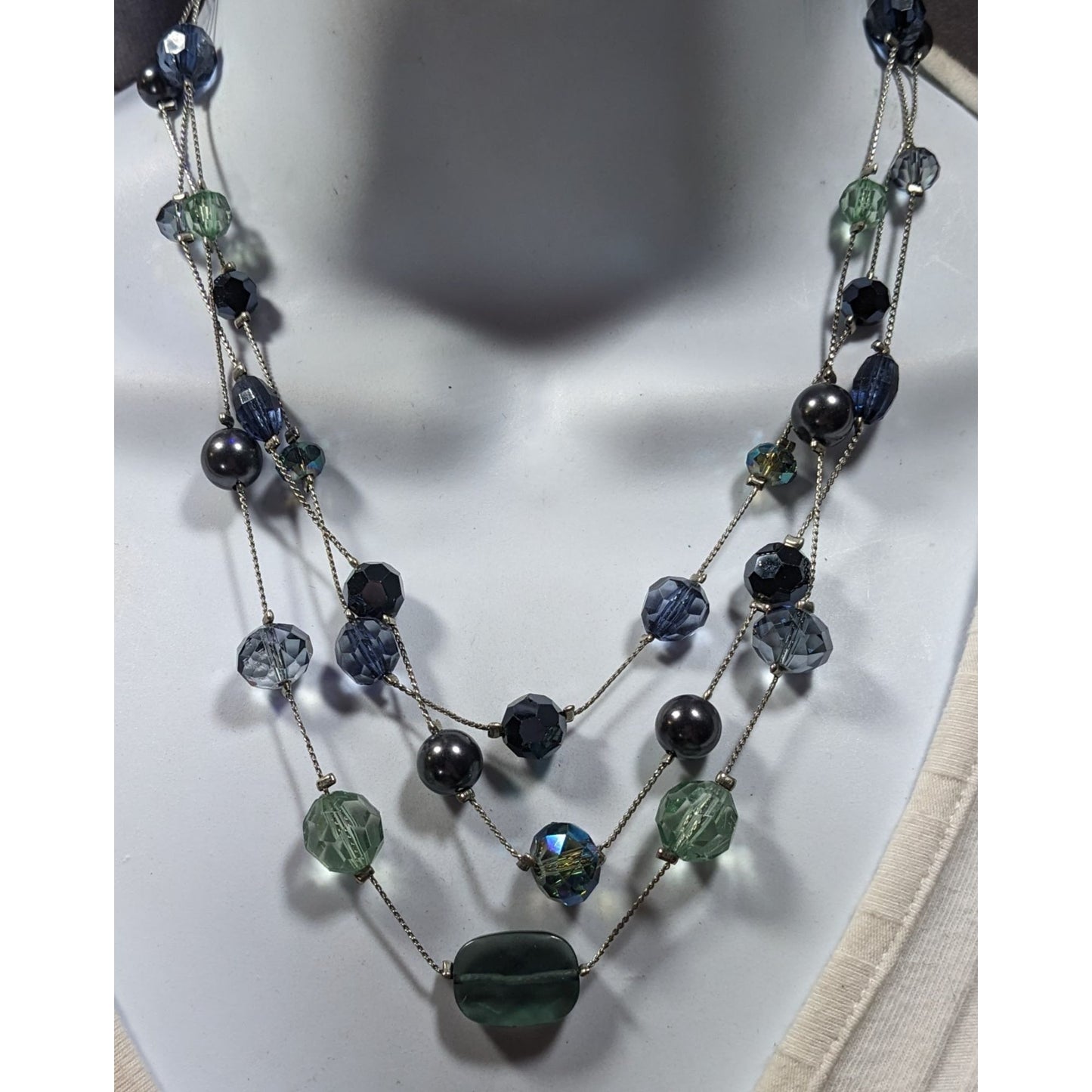 Multilayer Blue And Silver Tone Layered Glass And Faux Pearl Station Necklace