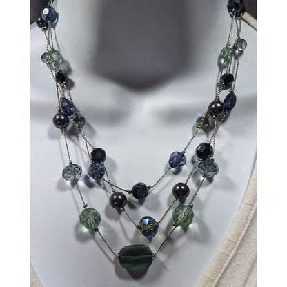 Multilayer Blue And Silver Tone Layered Glass And Faux Pearl Station Necklace