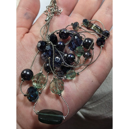 Multilayer Blue And Silver Tone Layered Glass And Faux Pearl Station Necklace