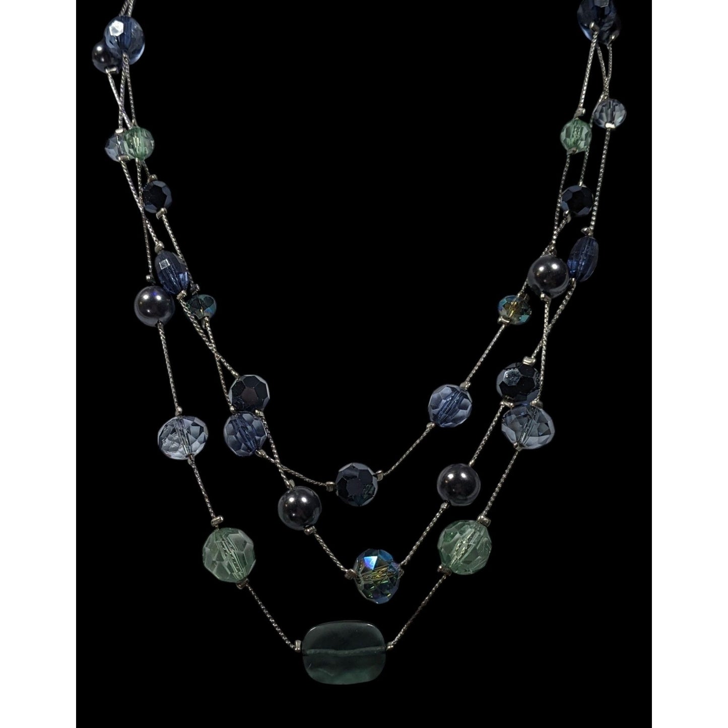 Multilayer Blue And Silver Tone Layered Glass And Faux Pearl Station Necklace