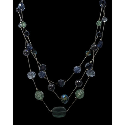 Multilayer Blue And Silver Tone Layered Glass And Faux Pearl Station Necklace