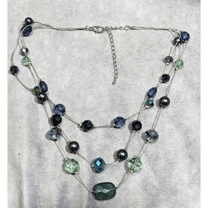 Multilayer Blue And Silver Tone Layered Glass And Faux Pearl Station Necklace